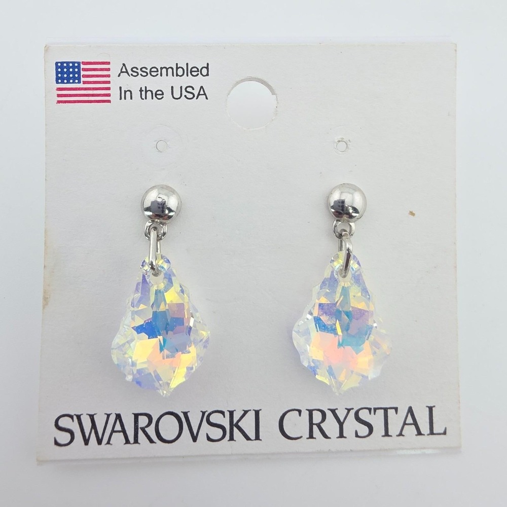New! Vintage SWAROVSKI Earrings Aurora Borealis Crystals Dangle Silver Plate USA